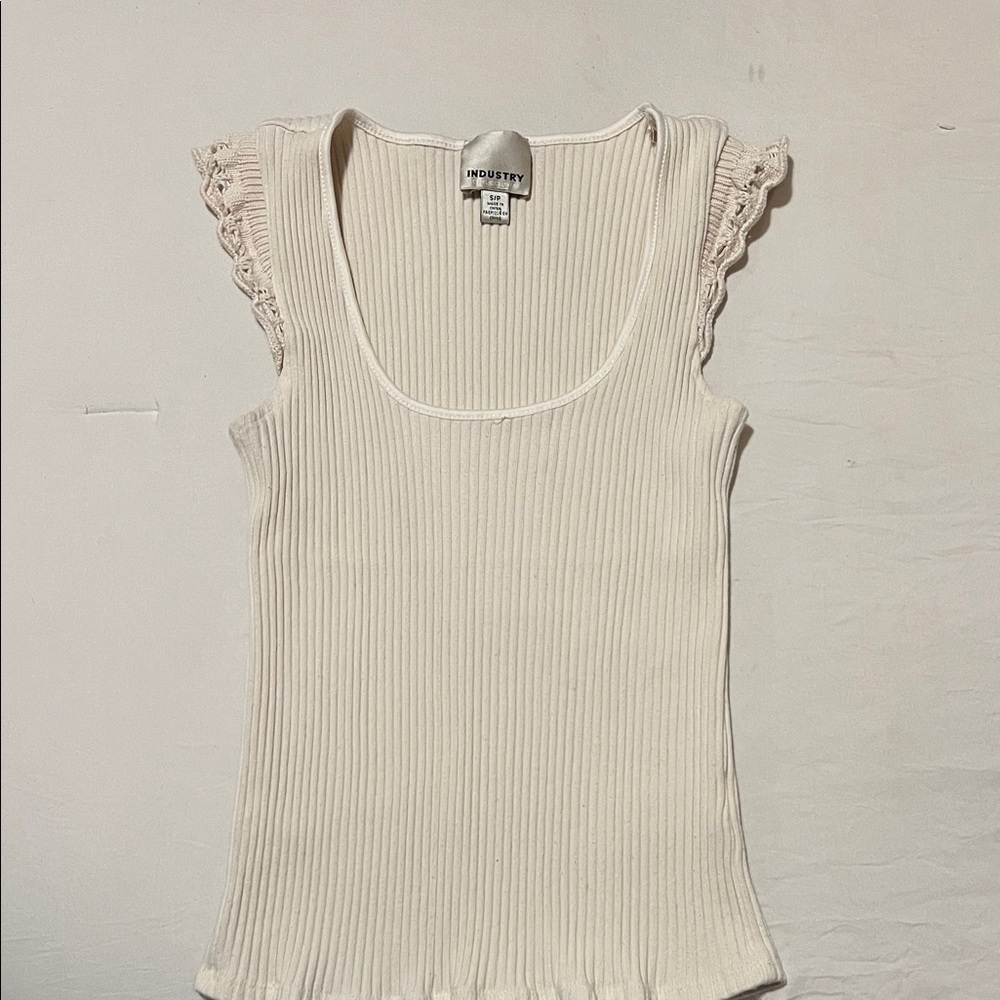 Mouret Ivory Ribbed Tank Top with Lace Sleeves